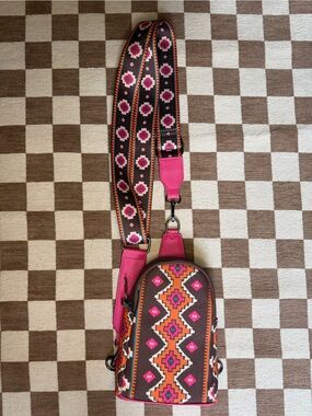 Pink & Brown Geometric Crossbody Phone Bag - Unbranded